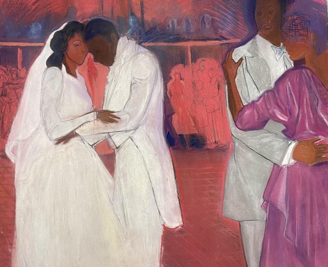 Pastel drawing of a bride and groom dancing next to two guests also dancing
