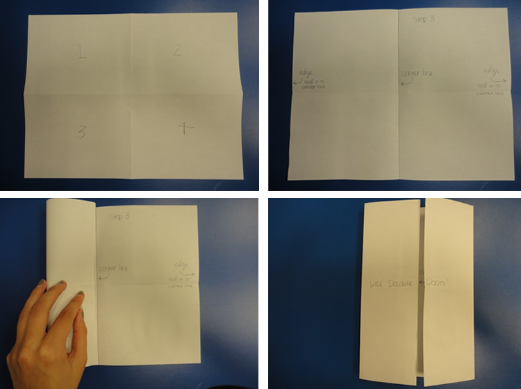 Four photos of a paper with words on it being folded