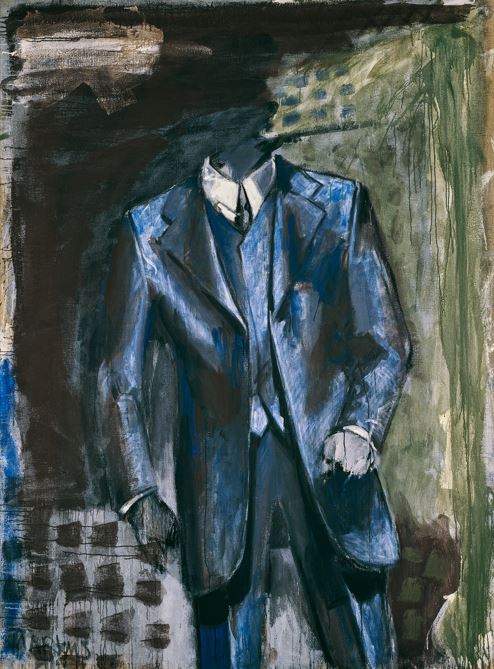 An abstract painting of a headless man in a suit