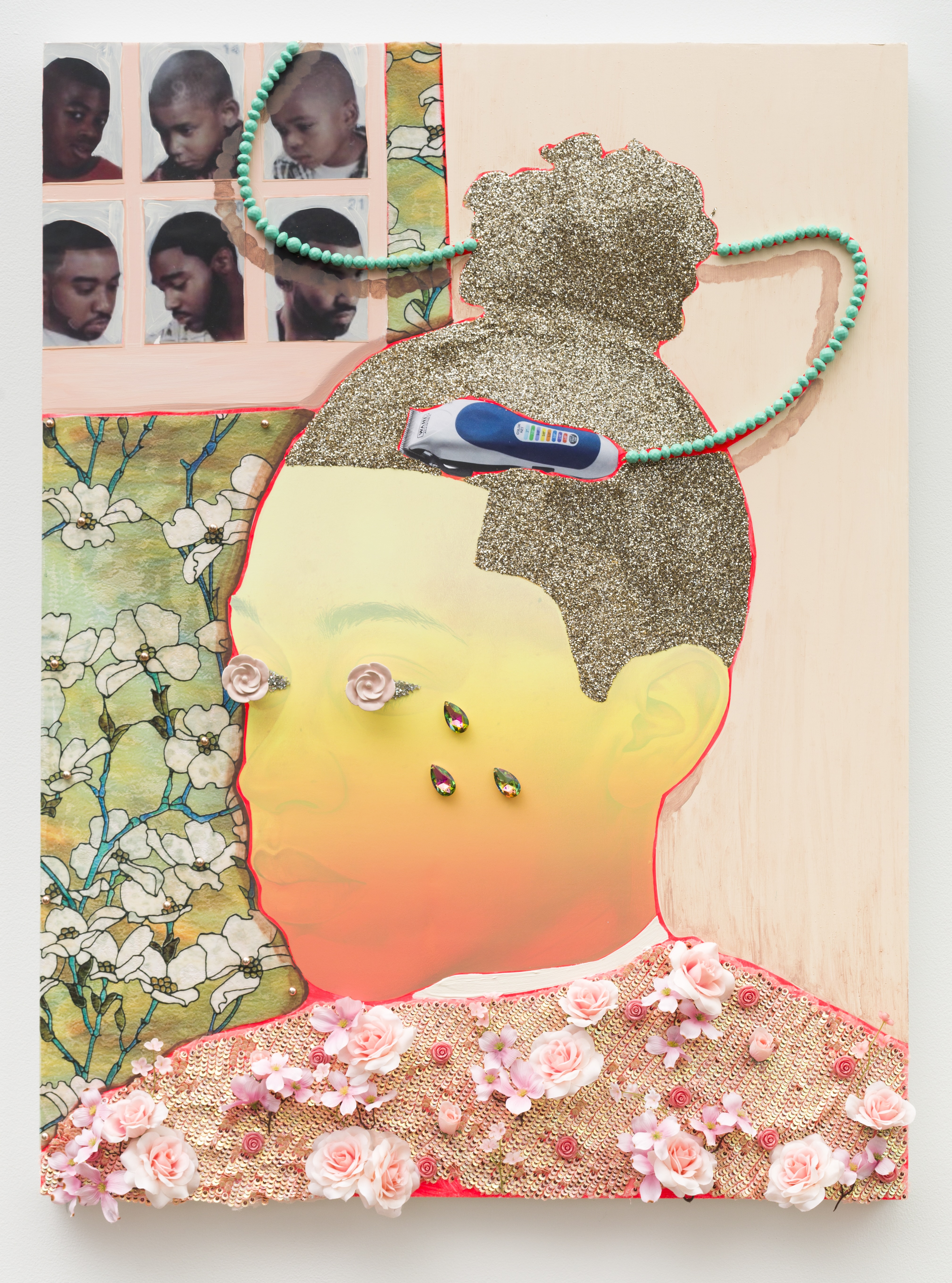 Devan Shimoyama b. 1989, Philadelphia, Pennsylvania; active in Pittsburgh, Pennsylvania Tasha 2018 Colored pencil, oil, collage, sequins, glitter, silk flowers, beads, and Flashe (vinyl emulsion paint) on canvas stretched over panel 48 x 36 in. Collection Pérez Art Museum Miami, m useum purchase with funds provided by PAMM’s Collectors Council, with additional funding provided by Craig Robins , c ourtesy of Pérez Art Museum Miami , © Devan Shimoyama