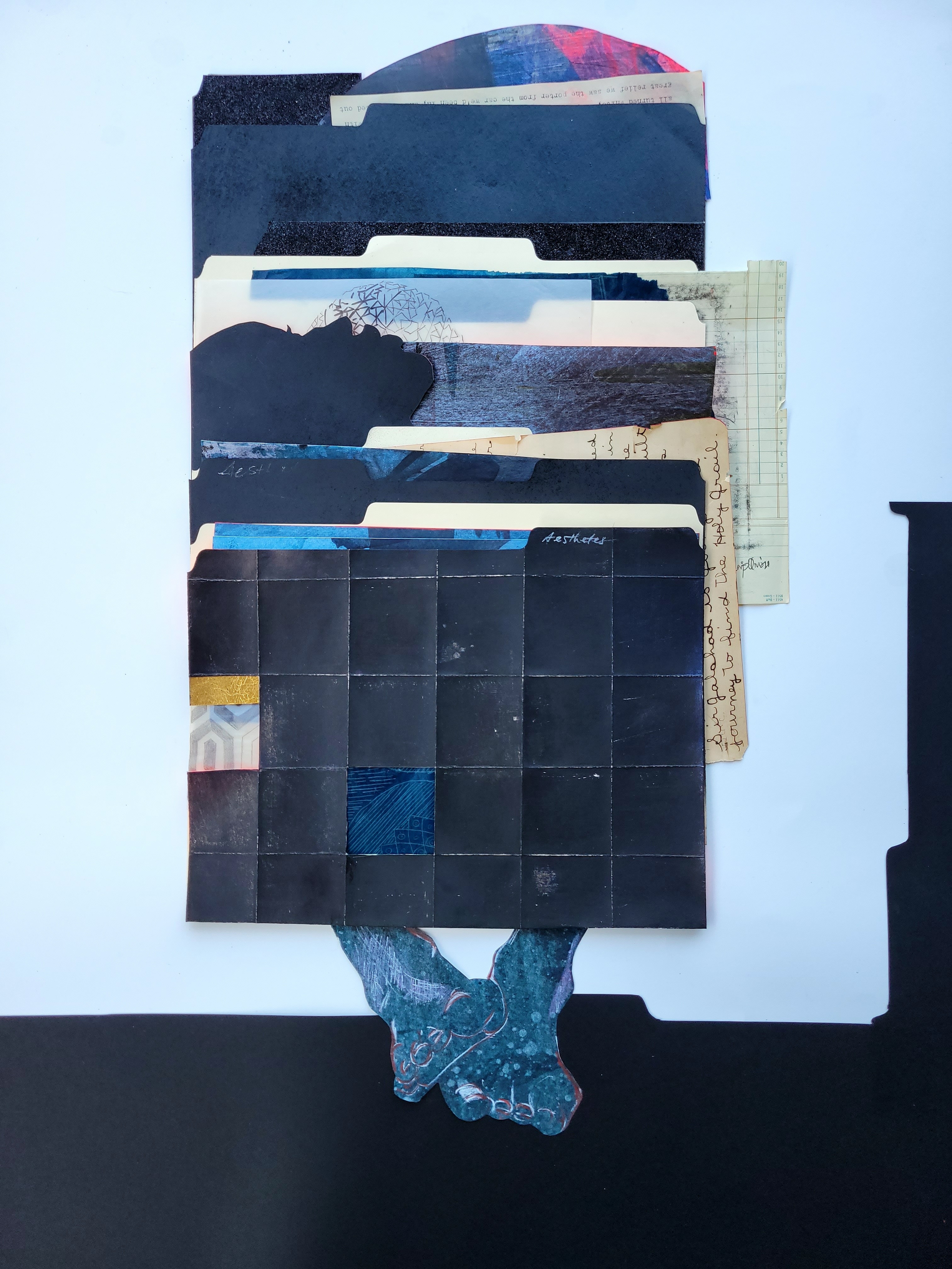 Lovie Olivia b. 1975, Houston, Texas; active in Houston, Texas Dark Tower 1.0 2021 Squid ink, indigo paste, blue carbon, acrylic, glitter vellum, gold leaf, graphite, found pages, and archival paper on cut archival file folders 31 1/2 x 23 1/2 in. Private collection, New York , c ourtesy of the artist , © Lovie Olivia