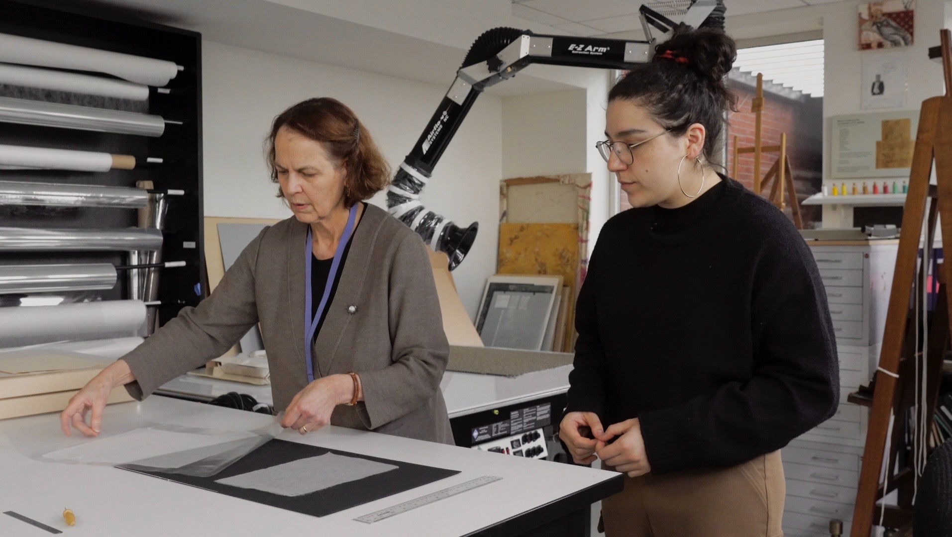 Hannah and Sylvia in conservation studio