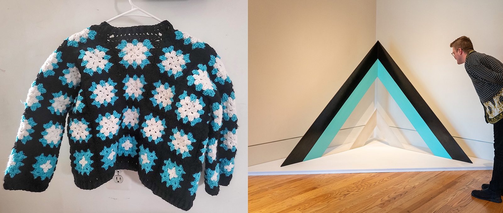 Crochet cardigan and the triangular sculpture that inspired it