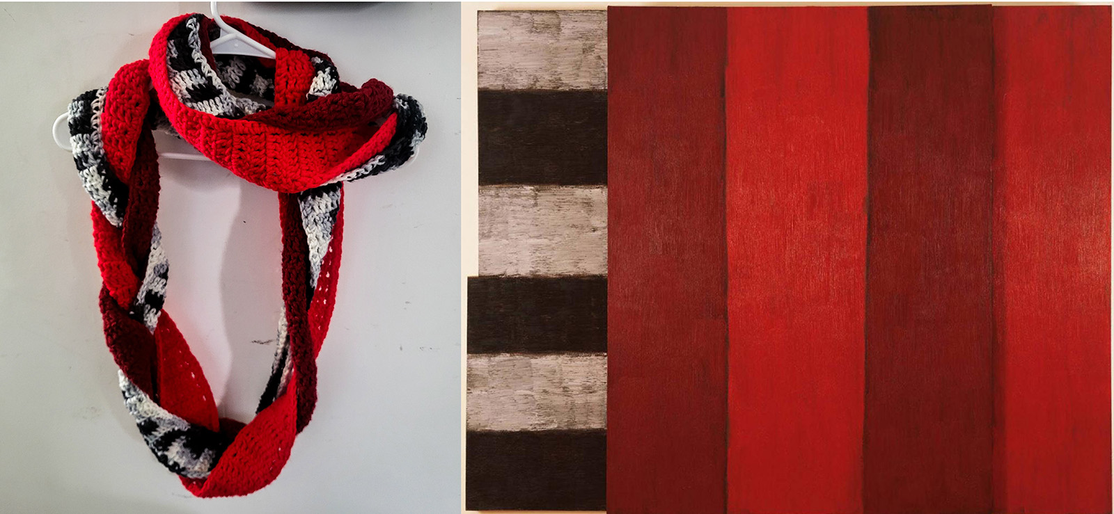 Red, black, and white crochet scarf and the artwork that inspired it