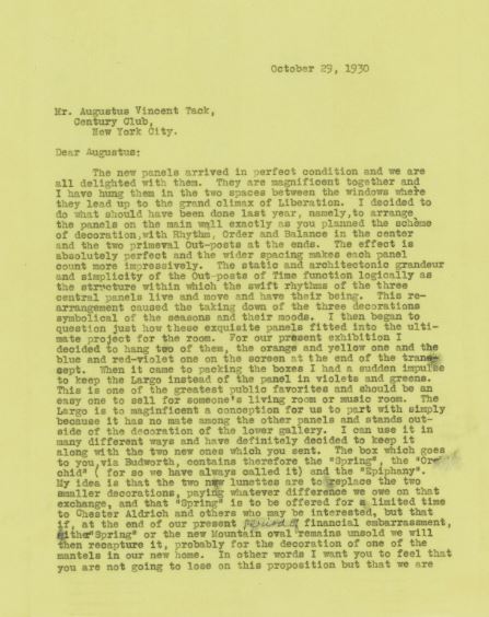 Duncan Phillips to Augustus Vincent Tack letter 1930