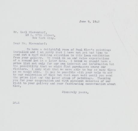 Letter from Duncan Phillips to Karl Nierendorf, June 9, 1942, where Phillips talks about the museum’s “delightful room of Paul Klee’s.”