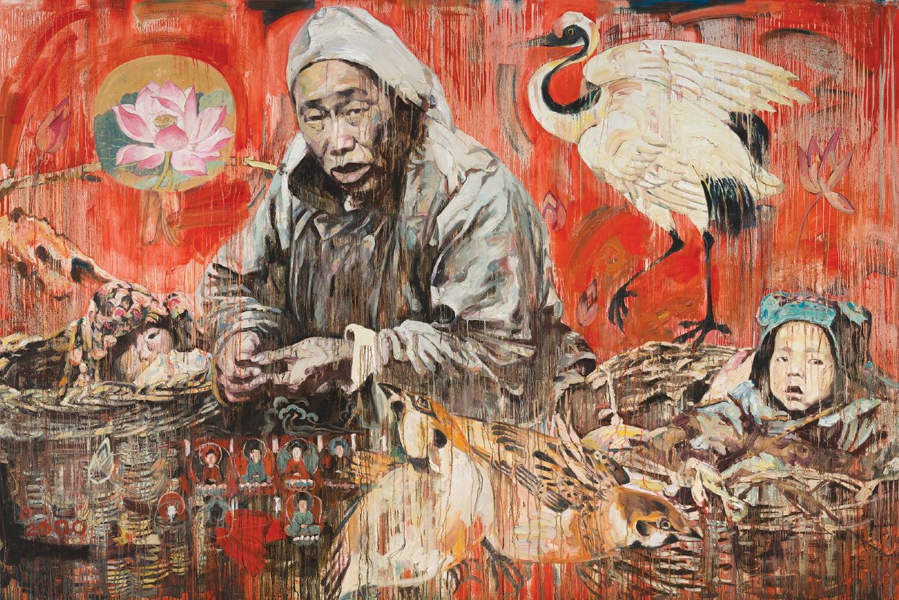 Hung Liu's painting Refugee: Woman and Children