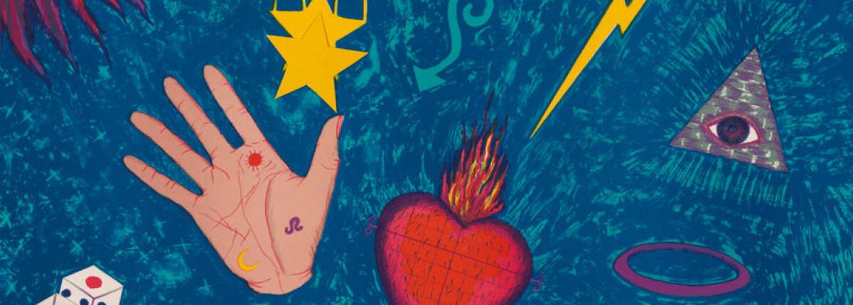 Painting of various images across a blue background. In the right corner is a woman's face and in the top left is a red sun. In the center you see a hand, a red heart, a purple plant, and a yellow lightning bolt