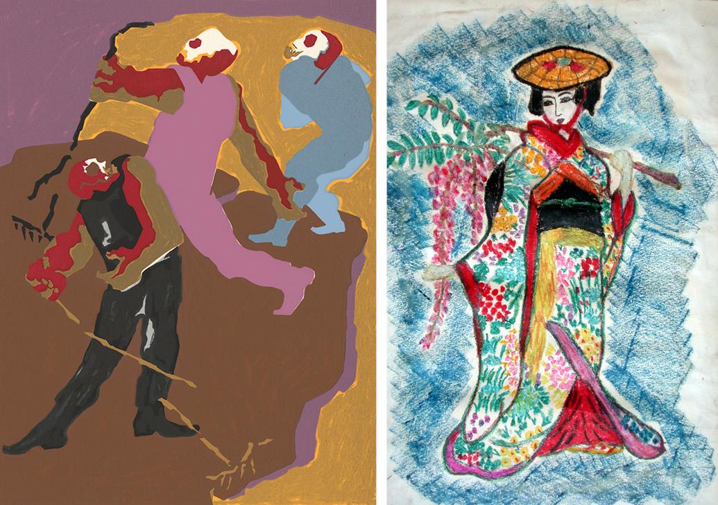 an abstract painting of figures, in mauve, blue, yellow, and brown alongside a child's drawing of a woman in kimono