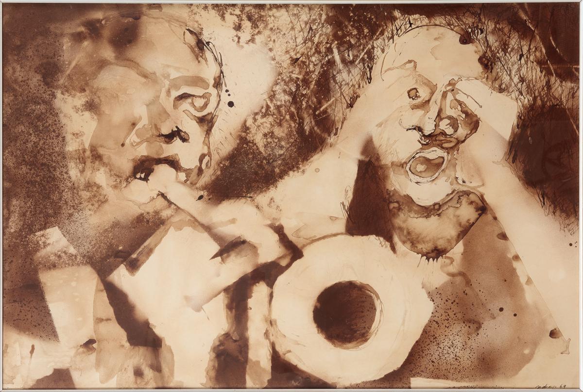 Abstract artwork in sepia tones of two figures playing jazz