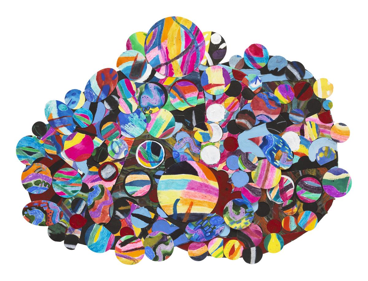 Howardena Pindell artwork of collage of tiny colorful circles