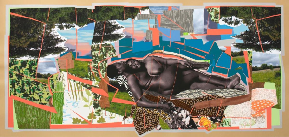 Mixed media collage of two nude Black women sleeping together in a park