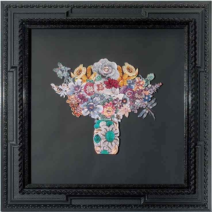 Collage of flowers in a vase made with sequins on a black background and black frame