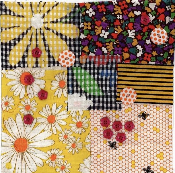 Collage of different floral and colorful fabrics and buttons