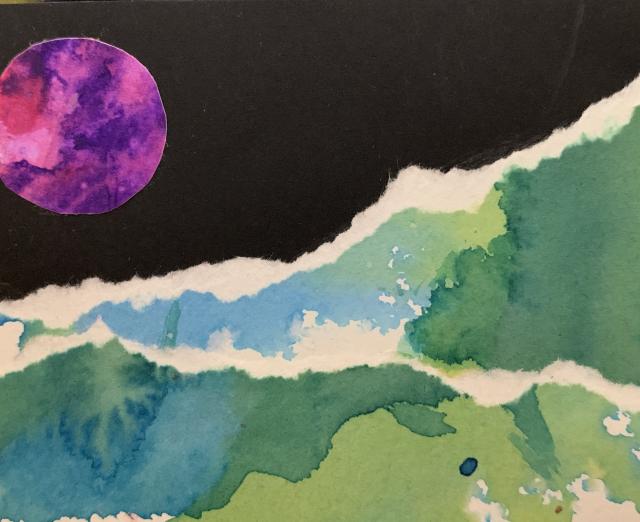 Collage with torn paper with green hills and purple moon on night sky