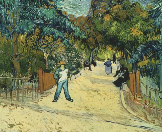 Painting by Vincent van Gogh of park with a few people in it