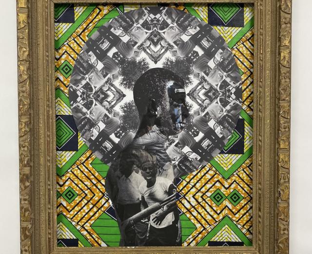 Collage of figures on abstract green and yellow patterned background with ornate gold frame