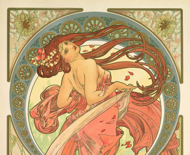 Art Nouveau illustration of a woman in flowing gown 
