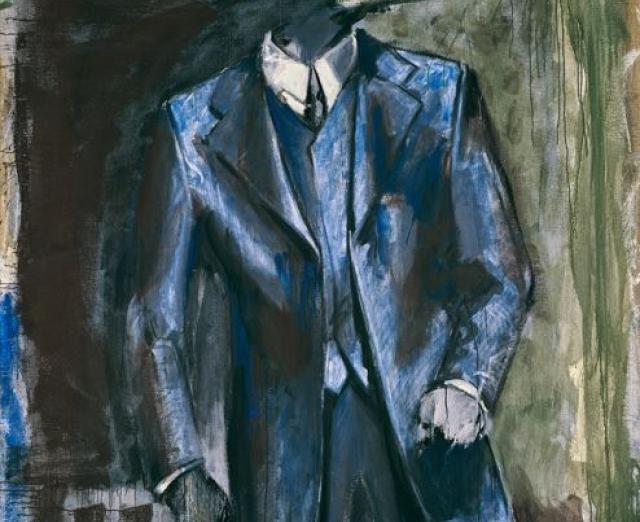 An abstract painting of a headless man in a suit