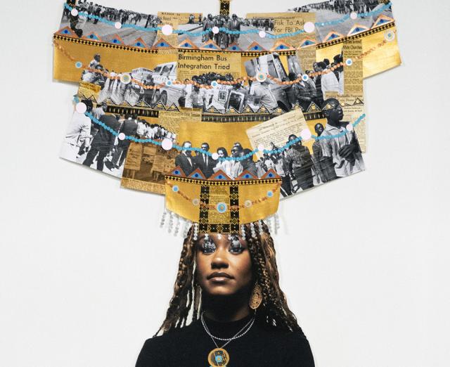 Collage of a woman standing with arms crossed wearing an elaborate headdress with photo collage