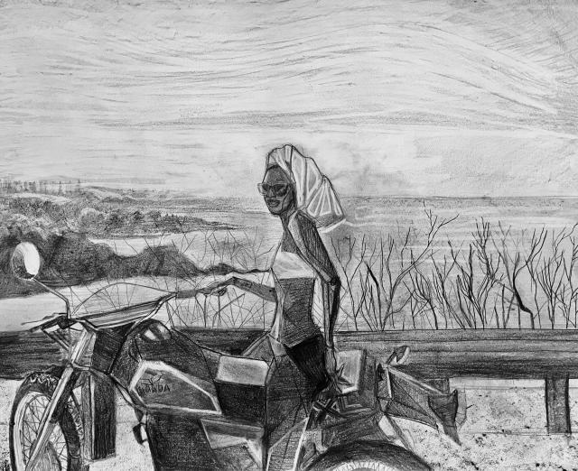 Pastel drawing of a woman on a motorbike by the beach