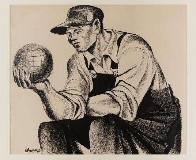 Drawing by William Gropper of a worker holding a globe