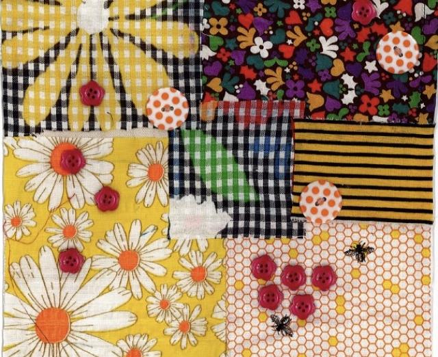 Collage of different floral and colorful fabrics and buttons