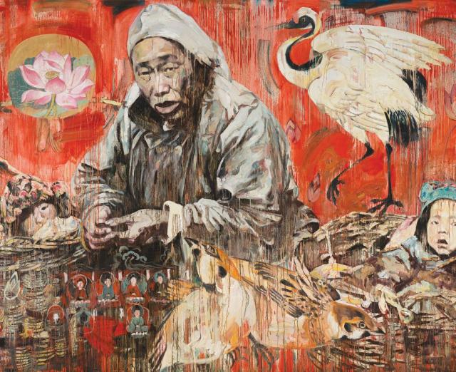 Hung Liu's painting Refugee: Woman and Children