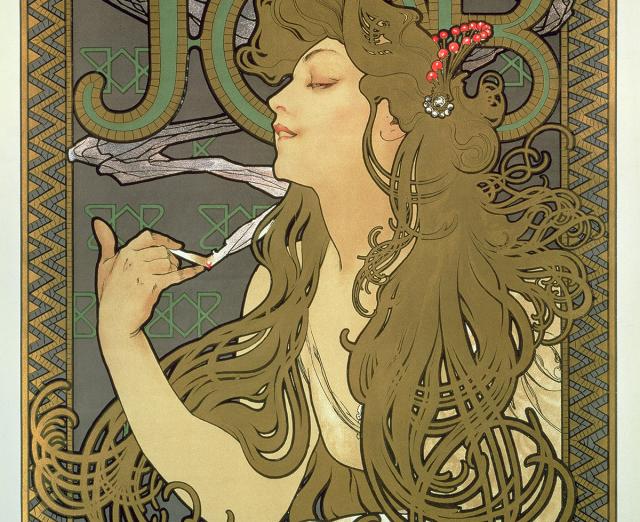 Alphonse Mucha, JOB, 1896, Color lithograph, 31 1/8 x 27 1/2 in., Collection of the Mucha Trust © Mucha Trust 2025