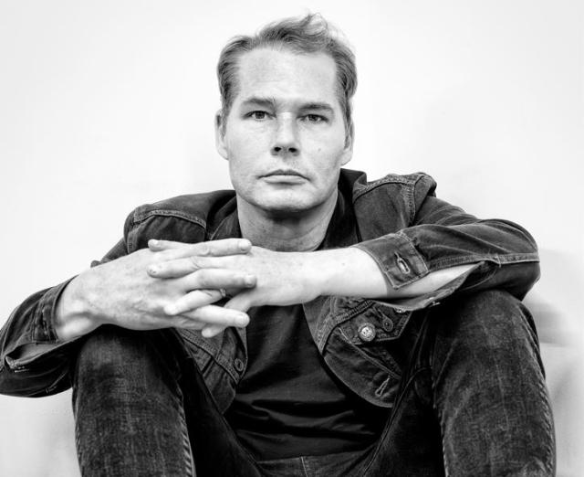 Black and white photo of Shepard Fairey