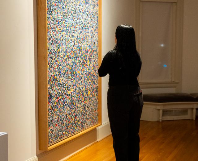 Photograph of a woman looking an a large abstract artwork on the wall in a gallery