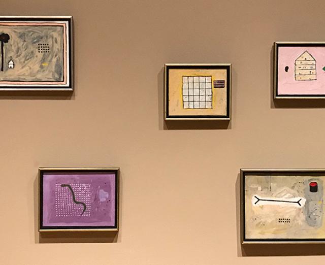 Installation view of Gene Davis's "Untitled" works, on view in Ten Americans: After Paul Klee