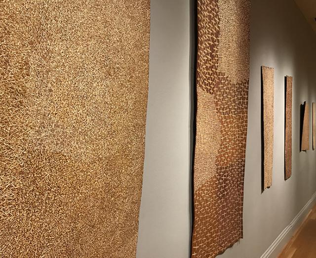 Installation view of works by Gulumbu Yunupingu in Marking the Infinite. Photo: Amy Wike