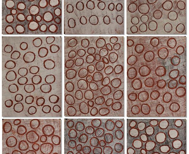 Nyapanyapa Yunupingu, Circles, 2014, Felt tip pen and earth pigments on paper, Nine panels of 30 x 22 in.