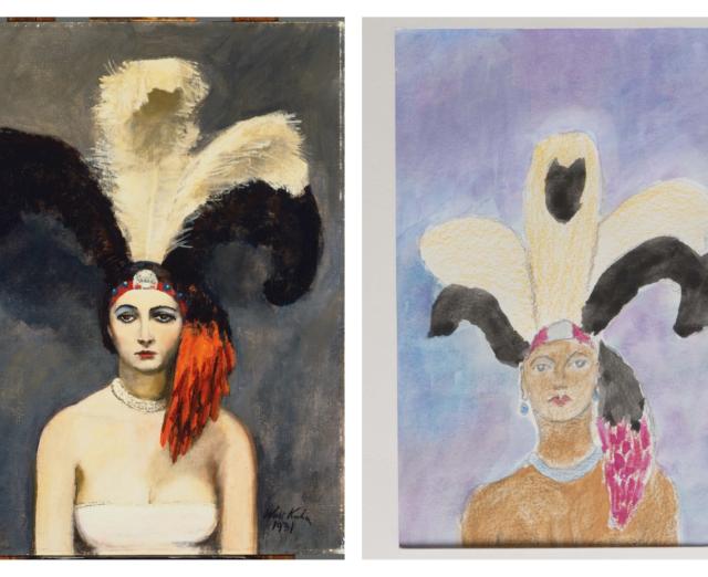 (Left) Walt Kuhn, Plumes, oil on canvas, 40 x 30 in. Acquired 1932. The Phillips Collection, Washington, DC. (Right) Marion "Duke" Green, Untitled, 2014. Watercolor and colored pencil on paper.
