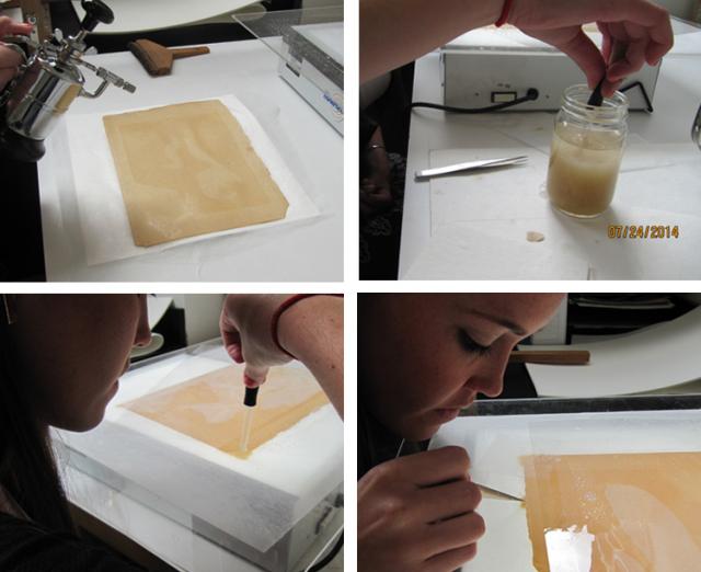 (clockwise from top left) Spraying to wet up for pulp fills; using an eye dropper to get blended color matched pulp; dropping pulp into loss areas to correct thickness and transparency on light box; adjusting pulp fills to correct thickness