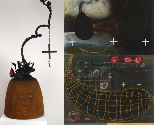 (Left) Renée Stout, Elegba (Spirit of the Crossroads), 2015-2019, Mixed media, 39 x 17 x 13 in., Gift of the artist and Hemphill Gallery; (Upper right) Renée Stout, Mannish Boy Arrives (for Muddy Waters), 2017, Acrylic and latex on wood panel, 16 x 20 x 1 1/2 in.