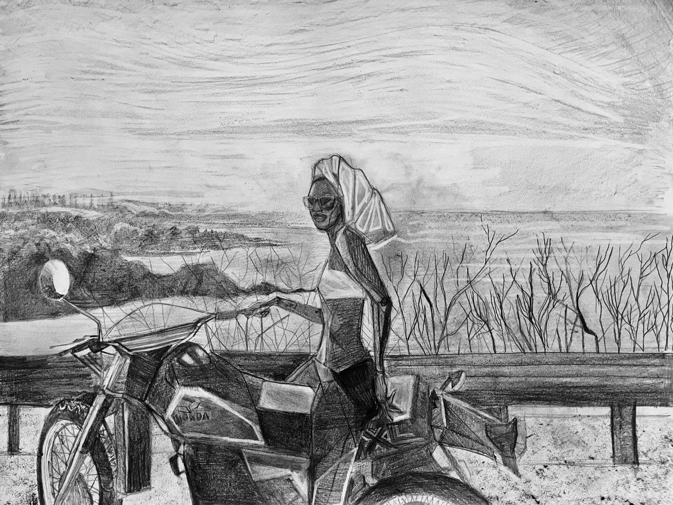 Pastel drawing of a woman on a motorbike by the beach