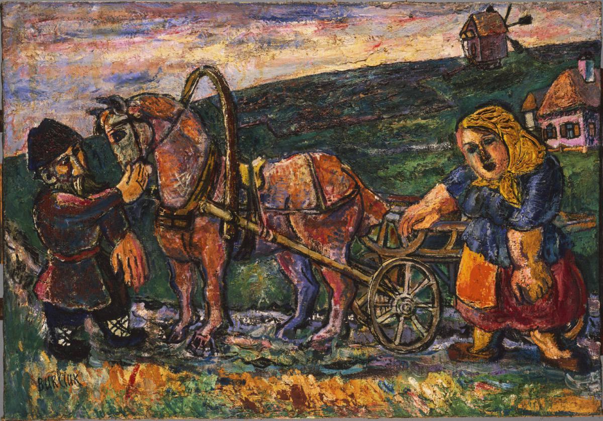 Painting of figures traveling with horse