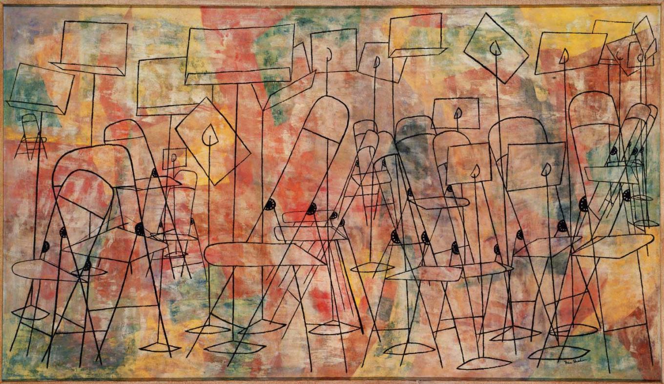 Ben Shahn, Still Music, 1948, Casein on fabric mounted on plywood panel, 48 x 83 1/2 in