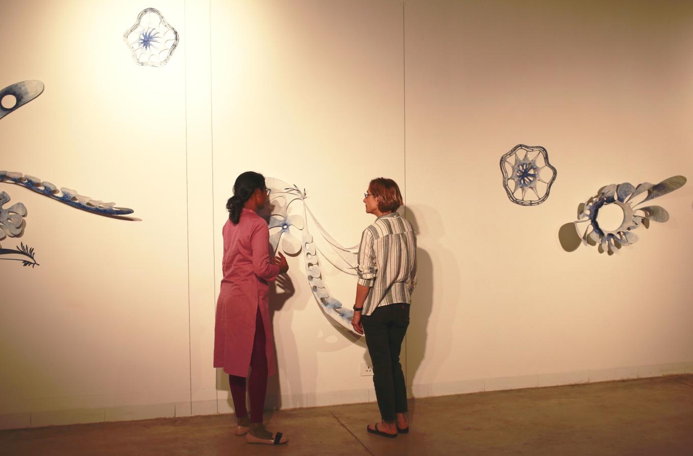 Ranjani Shettar and Vesela Sretenovic discuss an installation in progress.