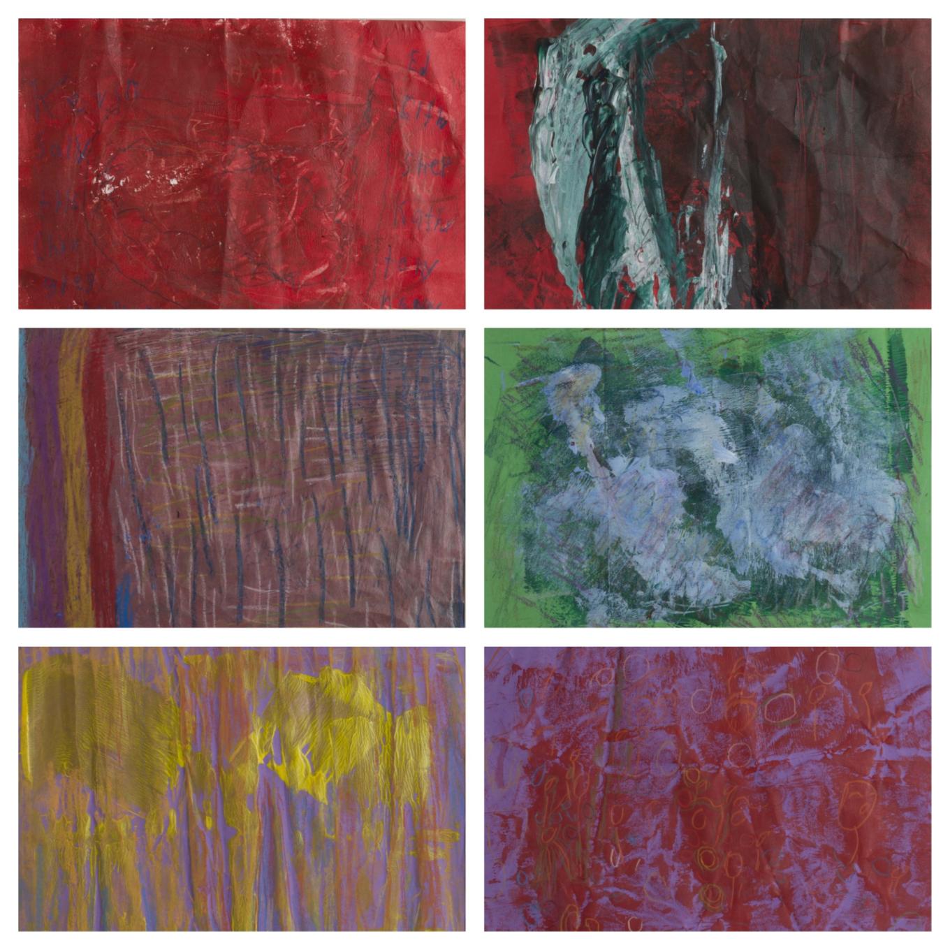 (Top left) Patricia Abell, Family, 2014. Acrylic paint and oil pastel on construction paper. (Top right) Isom "Ike" Hunter, Untitled, 2014. Acrylic paint on construction paper. (Middle left) Mildered Howard, The Perfect Paint, 2014. Acrylic paint and oil pastel on construction paper. (Middle right) Alexander Tscherny, Untitled, 2014. Acrylic paint and oil pastel on construction paper. (Bottom left) Susan Morgan, Eye Opener, 2014. Acrylic paint and chalk pastel on construction paper. (Bottom righ