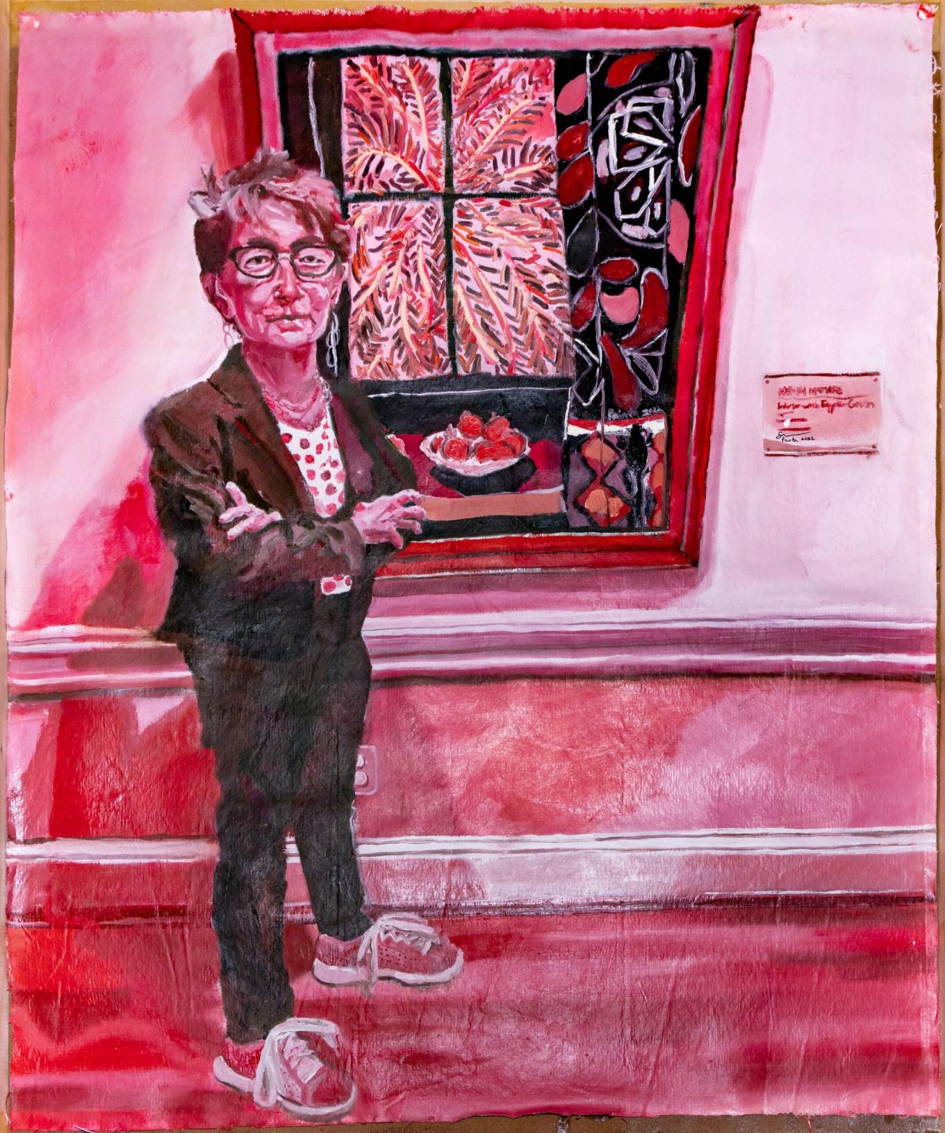 Painting in red of Dorothy Kosinski standing in front of a painting be Henri Matisse