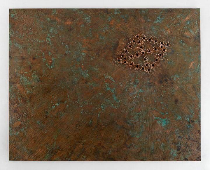 Nari Ward Breathing Panel: Oriented Right, 2015 Oak wood, copper sheet, copper nails, and darkening patina 96 x 120 x 2 1/4 in. Collection of Allison and Larry Berg, Courtesy of the artist and Lehmann Maupin, New York, Hong Kong, and Seoul