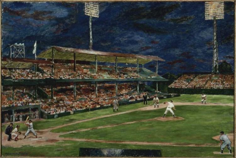 Marjorie Phillips, Night Baseball, 1951. Oil on canvas, 24 1/4 x 36 in. The Phillips Collection, Washington, D.C. Gift of the artist, 1951 or 1952