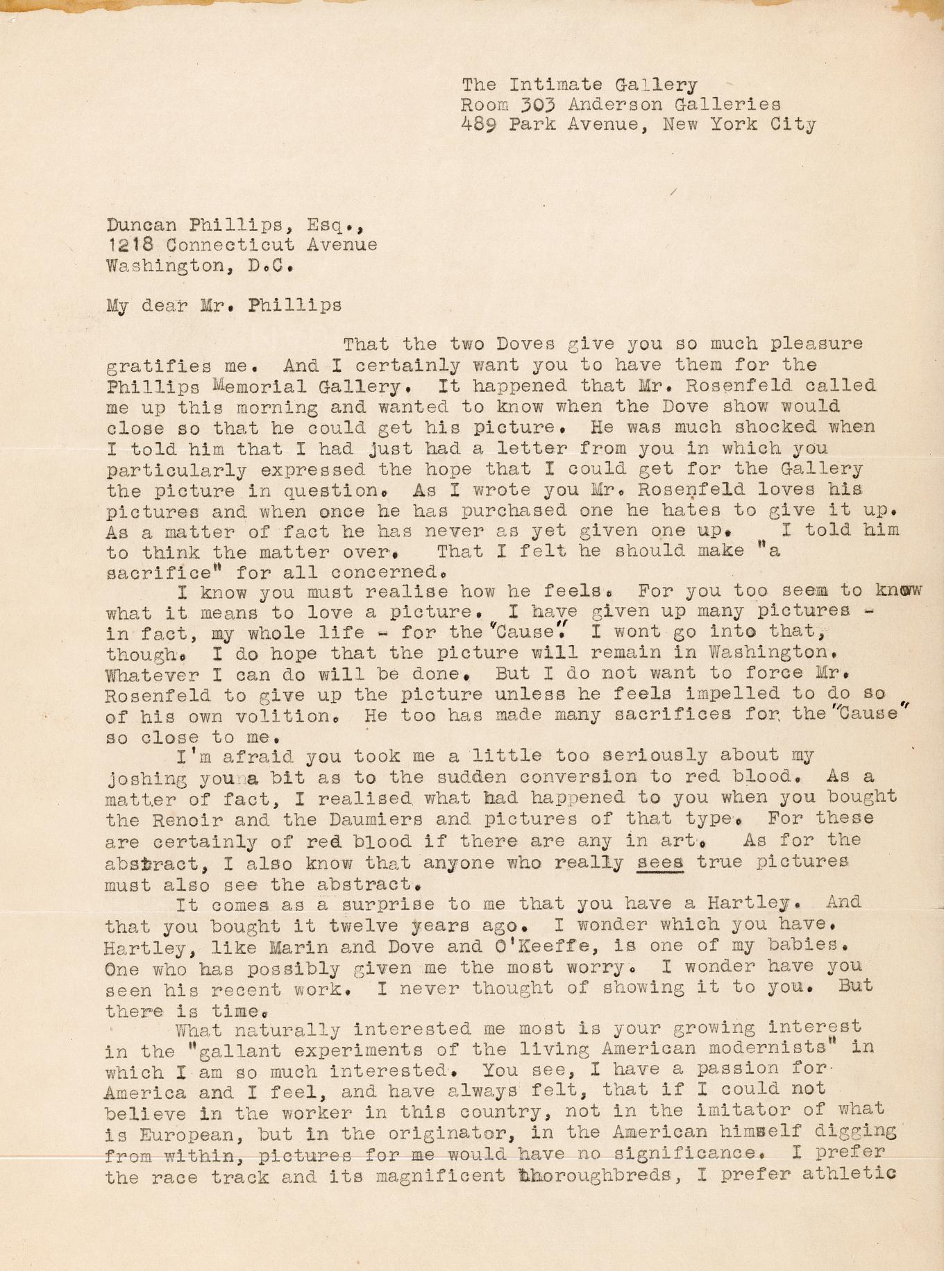 Letter from Stieglitz to DP February 1 1926