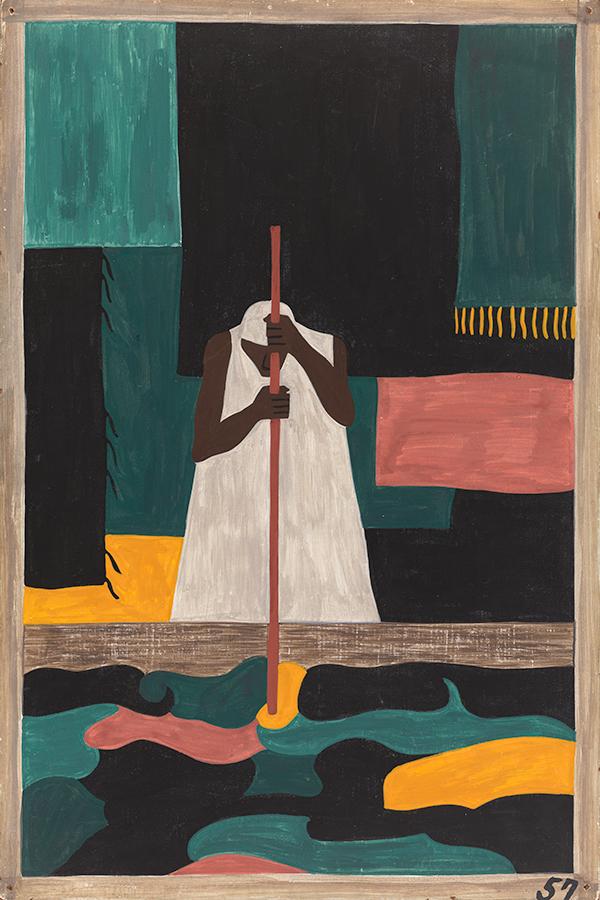 Jacob Lawrence, Panel no. 57: The female workers were the last to arrive north., 1940â41, Casein tempera on hardboard, 18 x 12 in. The Phillips Collection, Washington, DC, Acquired 1942