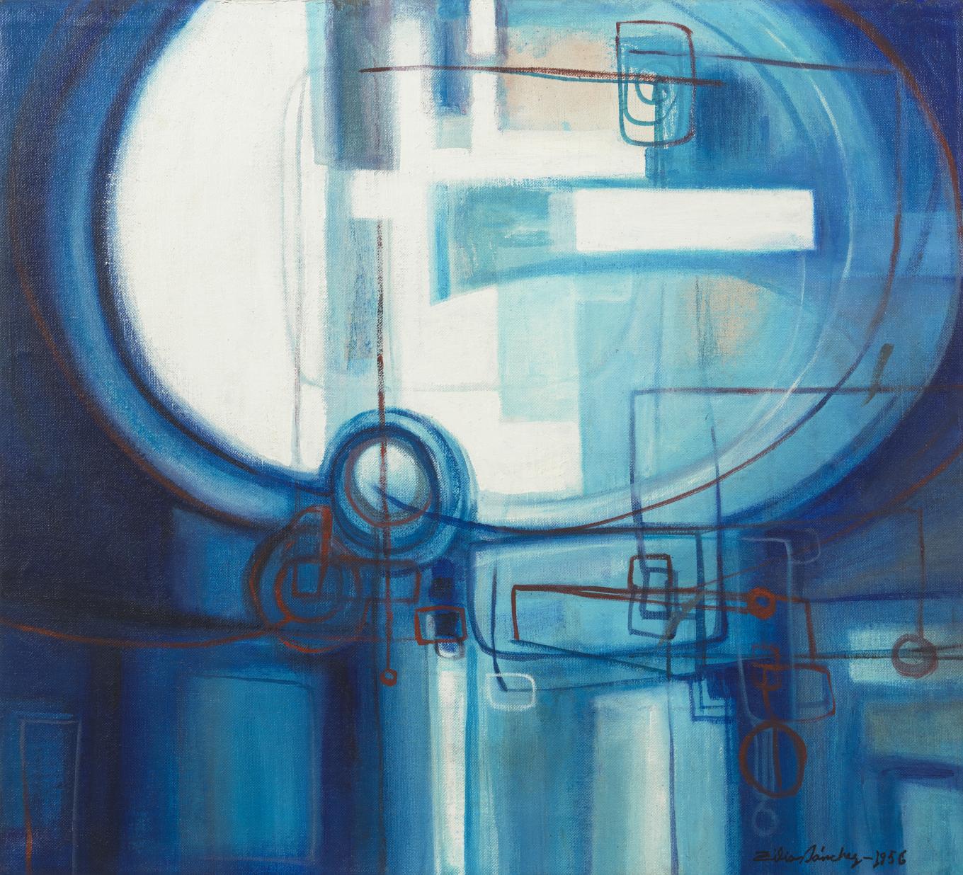 Zilia SÃ¡nchez, Azul azul (Blue Blue), 1956. Acrylic on canvas, 21 Ã 23 in., Collection of the artist, Courtesy Galerie Lelong & Co., New York