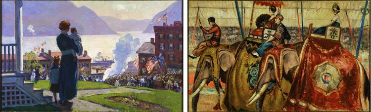 Two paintings by Gifford Beal that, at one time, shared a stretcher. (Left) On the Hudson at Newburgh, 1918, Oil on canvas 36 x 58 1/2 in.; 91.44 x 148.59 cm.. Estate of Gifford Beal, courtesy of Kraushaar Galleries. (Right) Parade of Elephants, 1924, Oil on canvas 36 1/8 x 58 5/8 in.; 91.7575 x 148.9075 cm.. Acquired 1924.