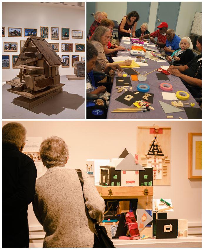 Artwork by Beverly Buchanan and Jacob Lawrence in the Phillips’s galleries; Iona participants creating artwork; Visitors to the Iona reception enjoying “A Magic Place” created by the Iona participants in response to Buchanan and Lawrence